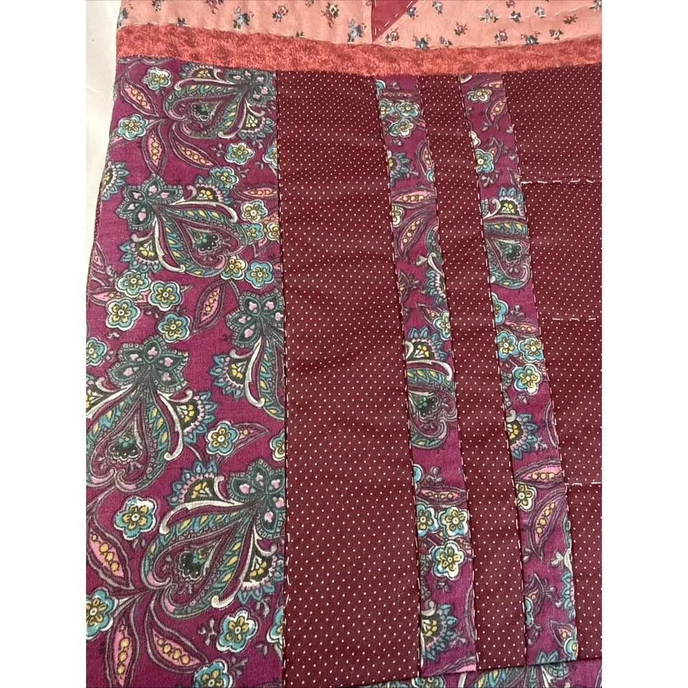 Handmade Patchwork Quilt Burgundy Floral Paisley Heart Stitched Farmhouse Rustic